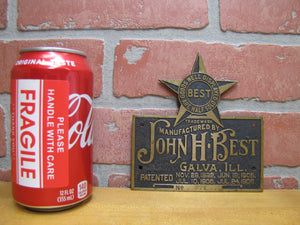 JOHN H BEST GALVA ILL Antique Brass Nameplate Plaque Sign Goods Well Displayed Are Half Sold pat 1906