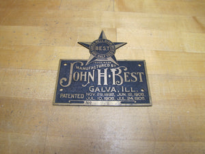 JOHN H BEST GALVA ILL Antique Brass Nameplate Plaque Sign Goods Well Displayed Are Half Sold pat 1906