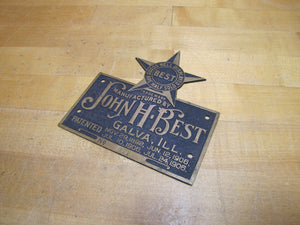 JOHN H BEST GALVA ILL Antique Brass Nameplate Plaque Sign Goods Well Displayed Are Half Sold pat 1906