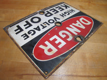 Load image into Gallery viewer, DANGER HIGH VOLTAGE KEEP OFF Original Old Porcelain Industrial Shop Safety Ad Sign
