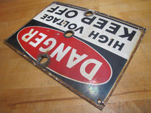 Load image into Gallery viewer, DANGER HIGH VOLTAGE KEEP OFF Original Old Porcelain Industrial Shop Safety Ad Sign
