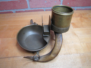 Antique Antlers Horns Folk Art Smoking Set Ashtray Matchbox Holder Cigar Cigarette Cup Holder