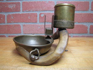 Antique Antlers Horns Folk Art Smoking Set Ashtray Matchbox Holder Cigar Cigarette Cup Holder