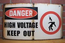 Load image into Gallery viewer, DANGER HIGH VOLTAGE KEEP OUT Old Porcelain Sign ELECTROCUTION DEATH INJURY 14x24
