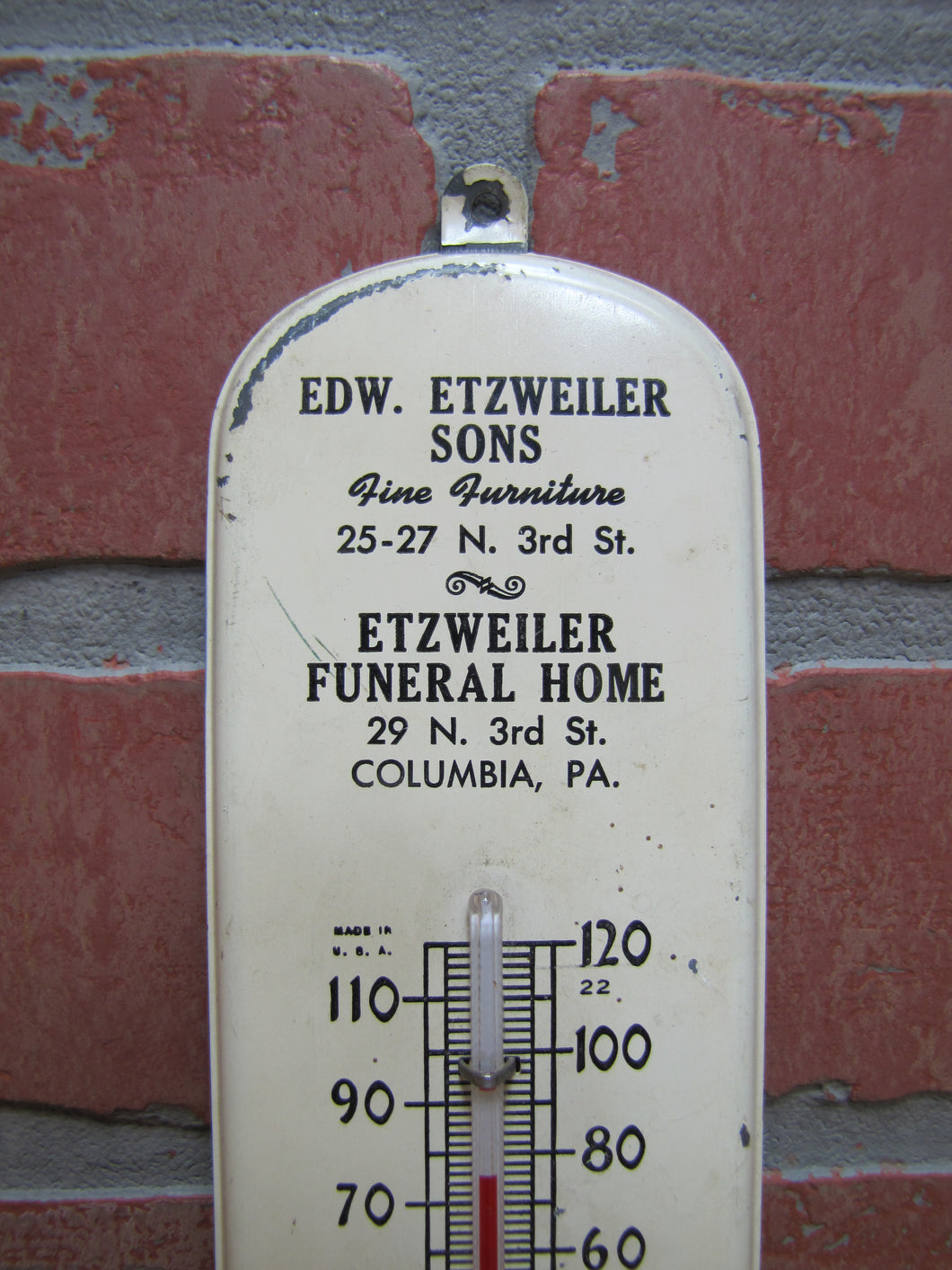 ETZWEILER FUNERAL HOME FINE FURNITURE COLUMBIA PA Old Advertising Thermometer Sign Made in USA