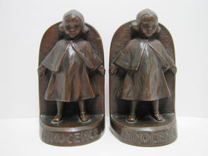 JB JENNING BROS INNOCENCE Antique Bronze Clad Bookends Young Girl Ornate Detailing Decorative Art Statues