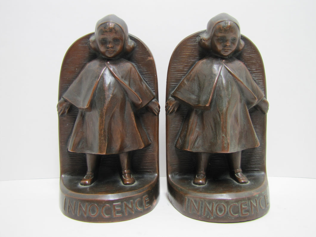JB JENNING BROS INNOCENCE Antique Bronze Clad Bookends Young Girl Ornate Detailing Decorative Art Statues