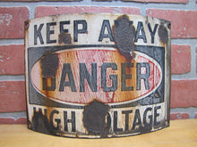Load image into Gallery viewer, KEEP AWAY DANGER HIGH VOLTAGE Old Porcelain Bowed Curved Safety Advertising Sign
