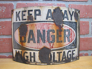 KEEP AWAY DANGER HIGH VOLTAGE Old Porcelain Bowed Curved Safety Advertising Sign