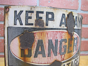 KEEP AWAY DANGER HIGH VOLTAGE Old Porcelain Bowed Curved Safety Advertising Sign