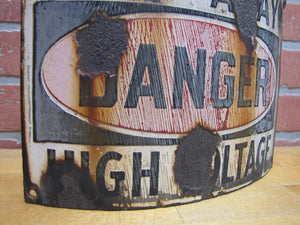 KEEP AWAY DANGER HIGH VOLTAGE Old Porcelain Bowed Curved Safety Advertising Sign