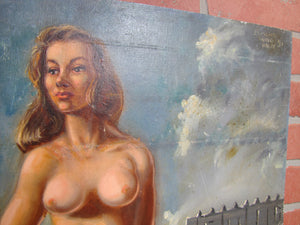 1950s Nude Gladiatrix Warrior Beautiful Woman Art Painting 24x30 Masonite Board Edmund Guido Hauff '57