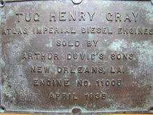Load image into Gallery viewer, TUG HENRY GRAY ATLAS IMPERIAL DIESEL ENGINES SOLD BY ARTHUR DUVIC&#39;S SONS NEW ORLEANS LA ENGINE NO 11005 1935 Old Bronze Builders Dealers Boat Plaque Sign Plate
