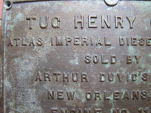 Load image into Gallery viewer, TUG HENRY GRAY ATLAS IMPERIAL DIESEL ENGINES SOLD BY ARTHUR DUVIC&#39;S SONS NEW ORLEANS LA ENGINE NO 11005 1935 Old Bronze Builders Dealers Boat Plaque Sign Plate
