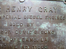 Load image into Gallery viewer, TUG HENRY GRAY ATLAS IMPERIAL DIESEL ENGINES SOLD BY ARTHUR DUVIC&#39;S SONS NEW ORLEANS LA ENGINE NO 11005 1935 Old Bronze Builders Dealers Boat Plaque Sign Plate
