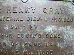 TUG HENRY GRAY ATLAS IMPERIAL DIESEL ENGINES SOLD BY ARTHUR DUVIC'S SONS NEW ORLEANS LA ENGINE NO 11005 1935 Old Bronze Builders Dealers Boat Plaque Sign Plate