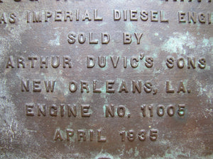 TUG HENRY GRAY ATLAS IMPERIAL DIESEL ENGINES SOLD BY ARTHUR DUVIC'S SONS NEW ORLEANS LA ENGINE NO 11005 1935 Old Bronze Builders Dealers Boat Plaque Sign Plate