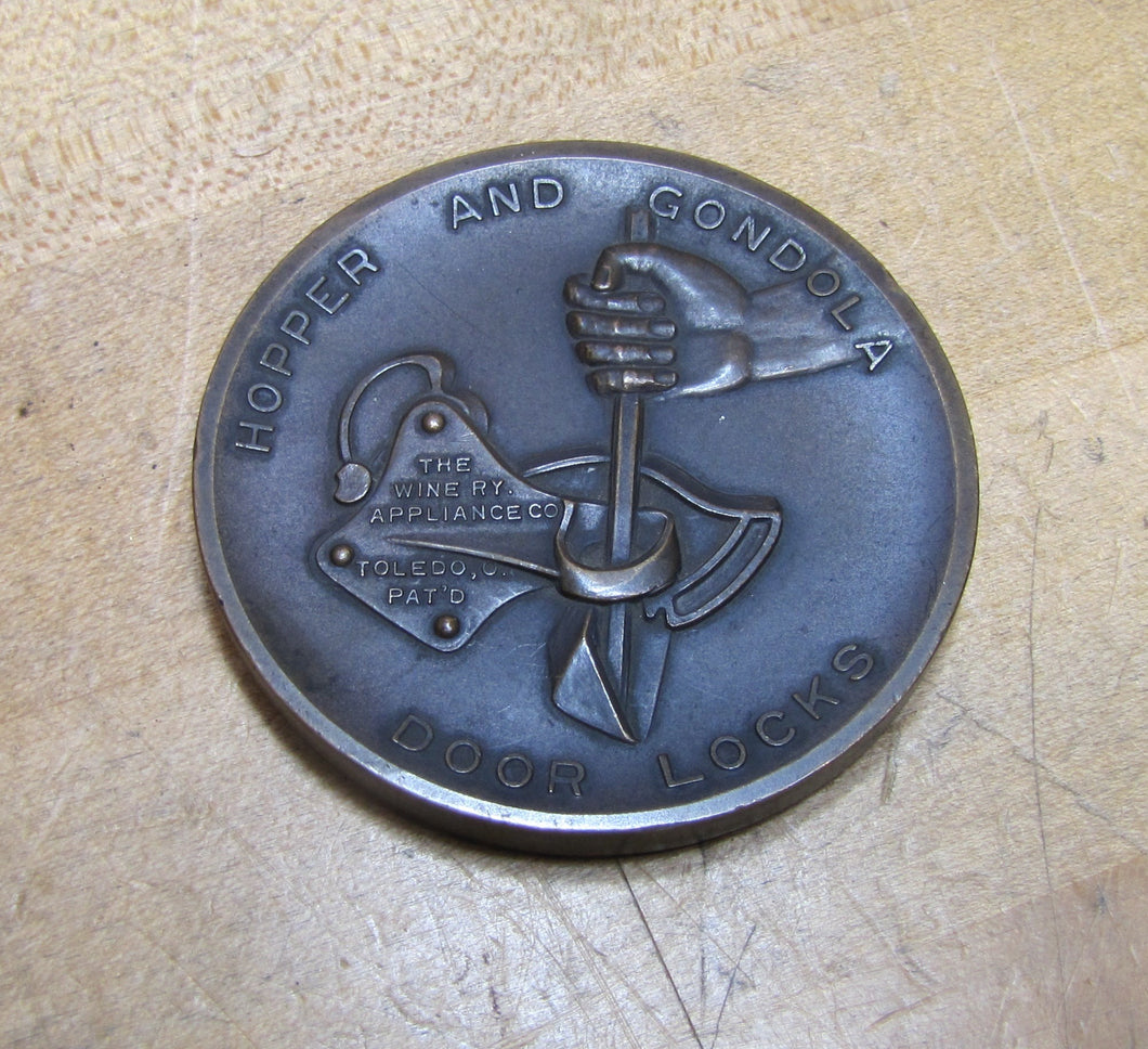 WINE RY APPLIANCE CO TOLEDO OHIO HOPPER GONDOLA DOOR LOCKS BRGS Old Bronze Ad Paperweight Medallion