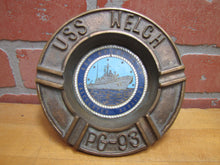 Load image into Gallery viewer, USS WELCH PG-93 UNITED STATES NAVY GUNBOAT Old Brass Ashtray Tray USN Calculated Audacity
