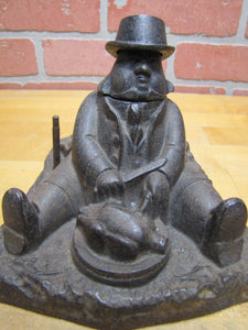 Chubby Gentleman Sitting Carving Turkey Dinner Feast Antique Cast Iron Figural Inkwell