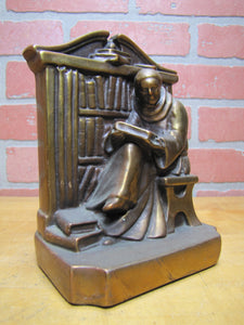 Antique Scholar Sitting Reading Book Bookshelf Bronze Clad Bookend Decorative Art Statue