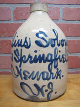 Load image into Gallery viewer, JULIUS SOLOMON NEWARK NJ 223 Springfield Ave Antique Advertising Merchant Script Jug Stoneware Pottery
