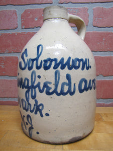 JULIUS SOLOMON NEWARK NJ 223 Springfield Ave Antique Advertising Merchant Script Jug Stoneware Pottery
