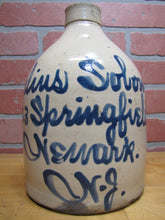Load image into Gallery viewer, JULIUS SOLOMON NEWARK NJ 223 Springfield Ave Antique Advertising Merchant Script Jug Stoneware Pottery
