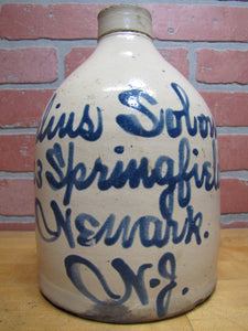 JULIUS SOLOMON NEWARK NJ 223 Springfield Ave Antique Advertising Merchant Script Jug Stoneware Pottery