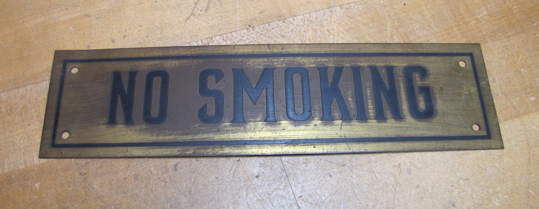 NO SMOKING Sign Old Brass & Black Impressed Lettering Store Display Gas Station Repair Shop Industrial Safety Advertising