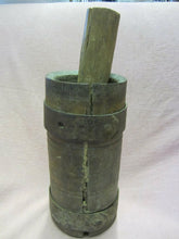 Load image into Gallery viewer, EARLY Antique Wooden MORTAR and PESTLE WROUGHT Iron Bands on Mortar-Great Patina
