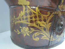 Load image into Gallery viewer, Antique 19c Folk Art Hand Painted Leather Hat Box Flowers Leaves Scrolls 1800s
