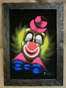 CREEPY CLOWN Art Painting on Velvet Felt Flourescent Artwork signed PEREZ