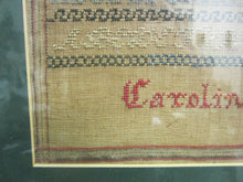 Load image into Gallery viewer, 19c Sampler 1866 CAROLINE PAPE framed alphabet numbers sm decorative art designs
