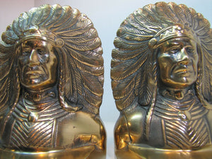 NATIVE AMERICAN INDIAN CHIEF WD ALLEN CHICAGO USA Ornate Brass Antique Bookends
