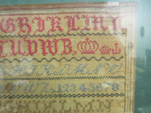 19c Sampler 1866 CAROLINE PAPE framed alphabet numbers sm decorative art designs