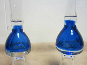 Krosno Poland Art Glass Vases Pair Beautiful Clear and Blue Glass Large Small