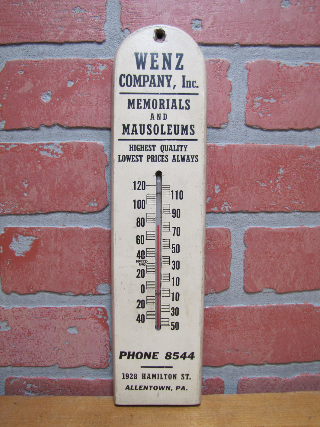 WENZ Co MEMORIALS MAUSOLEUMS ALLENTOWN PA Old Wood Advertising Thermometer Sign