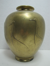Load image into Gallery viewer, Ducks Swans Old Brass Bulbous Decorative Arts Vase Chinese Asian Marked Signed High Relief Birds

