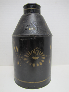 BLISS PATENT 1851 Antique Tin Toleware Container Jar with Lid Gold Paint Detail