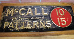 McCALL PATTERNS 10c 15c Antique Reverse on Glass Advertising Sign Wooden Frame early 1900s ROG 'All Seams Allowed'