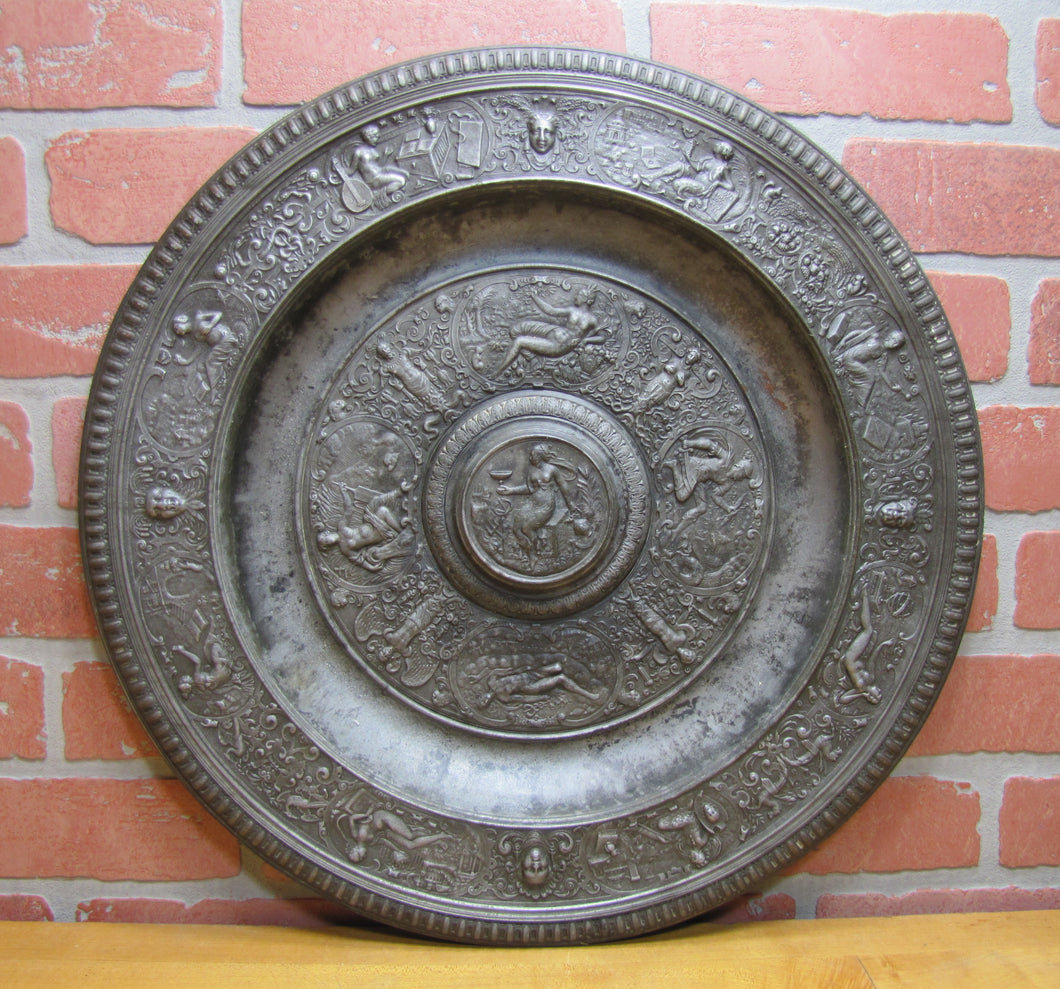 Antique Mythological Characters Scenes Decorative Arts High Relief Metal Charger Plaque Grand Tour Design Style Ornate