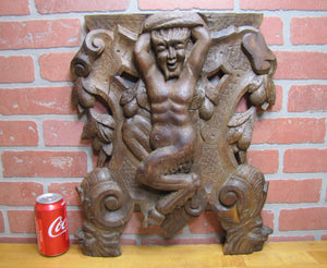 Antique Wooden Carved Faun Monster Beast Archictural Hardware Element Salvage Panel Part Decorative Arts