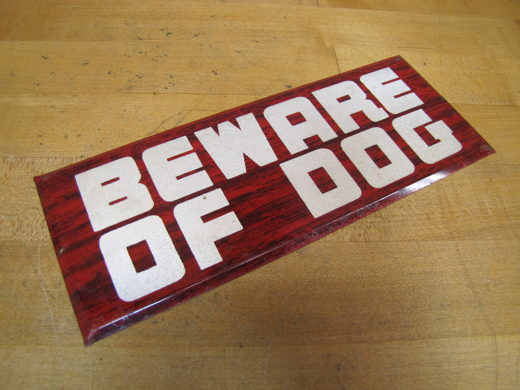 Old BEWARE OF DOG Sign Tin Metal Bevel Edge Hetrolite Sand Reflective Lettering Wood Grain Design Safety Advertising